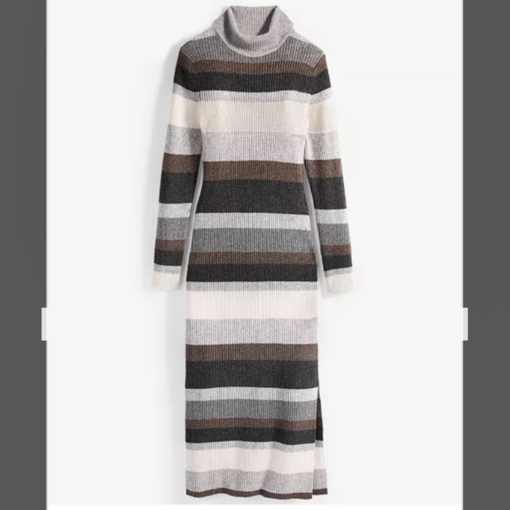 BNWT 100% Cashmere Striped Turtleneck Sweater Dress in Grey/White/Cream Tones